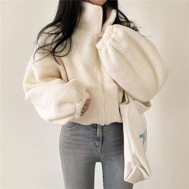 Women Stand Collar Cropped Zip - Sherpa Hoodie Fleece ulasan dan harga