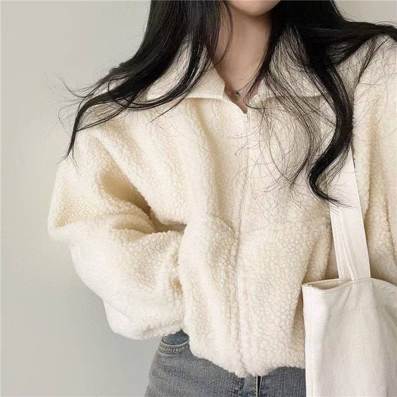 Women Stand Collar Cropped Zip - Sherpa Hoodie Fleece ulasan dan harga