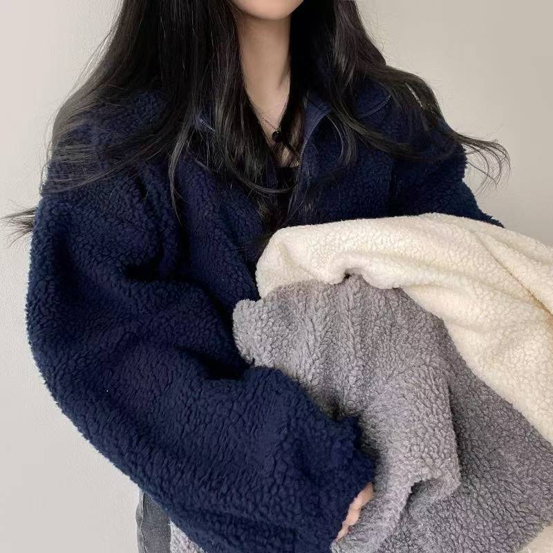 Women Stand Collar Cropped Zip - Sherpa Hoodie Fleece ulasan dan harga
